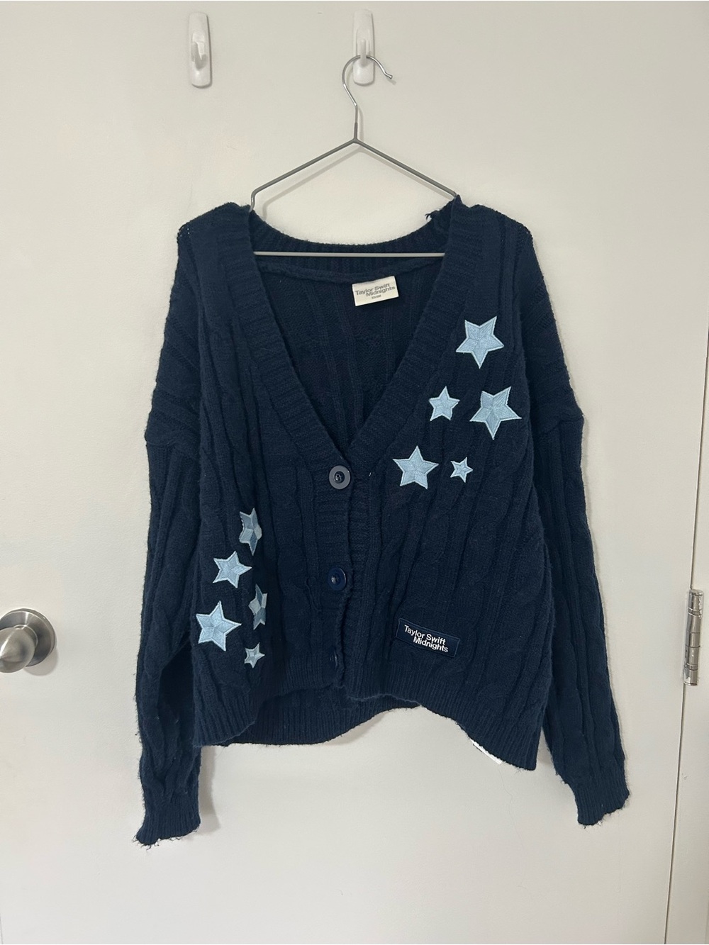 Taylor Swift Navy Cardigan with Light Blue Star Appliqués